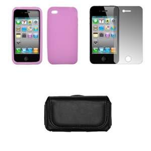 iPhone 4G Black Leather Carrying Pouch+Light Purple Silicone Skin 