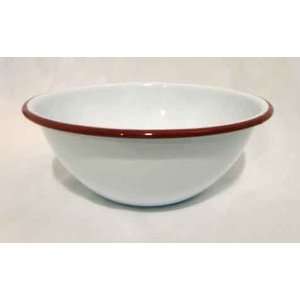  Enamelware Serving Bowl, Vintage White with Red Rim 