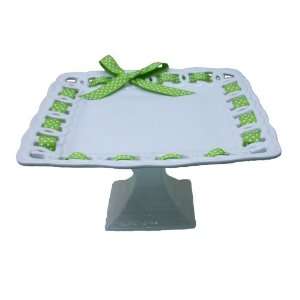   Cake Stand Embossed Square Pedestal White with Green White Polka Dot