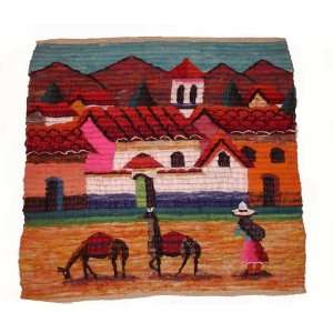 Peruvian highlands town landscape with Shepherd Woman and Llamas motif 