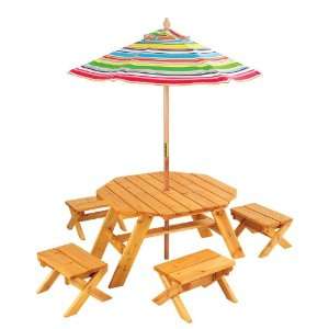 Octagon Table Set & Four Stools With Striped Umbrella
