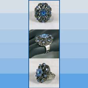  Ornate Blue Stone Flower Adjustable Ring 