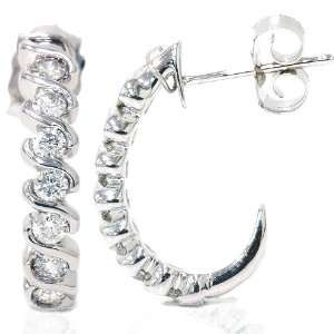 Natural .40CT Diamond Hoops Earrings Curve 14K White Gold Tension Set 