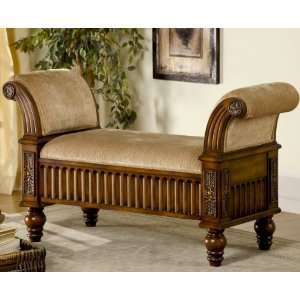  Style Upholstered Sitting Bench With Rolled Arms In Antique Wood 
