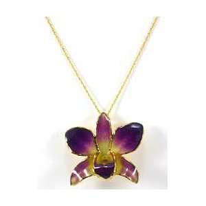    REAL FLOWER Gold Orchid Necklace Pendant Purple Yellow Jewelry