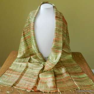 Thai Pure Silk Scarf Wrap Batik Stripe Dyed Lime Orange Handmade 13x 