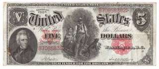 1907 5 Dollar Woodchopper US Legal Tender Note  