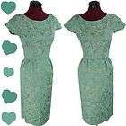 Vintage 50s 60s Blue Green MAD MEN Cocktail Party Dress XS Sheath 