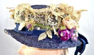 Antique Straw & Lace Flowers Hat 1918 Lace Wired High  