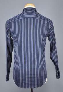 Authentic $265 Armani Collezioni Casual Dark Blue Striped Shirt US L 