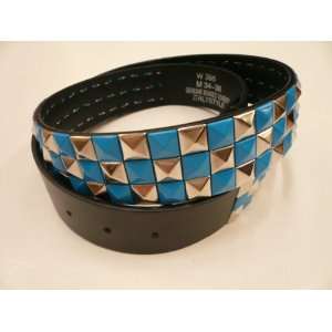 Blue and Silver Checkered 3 Row Studded Leather Belt for Buckles Studs 