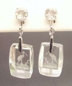 Vintage Etched Glass Crane Sterling Silver Earrings  