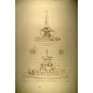  1860 Engraving Triton Fountain of the Turtles Rome NICE 