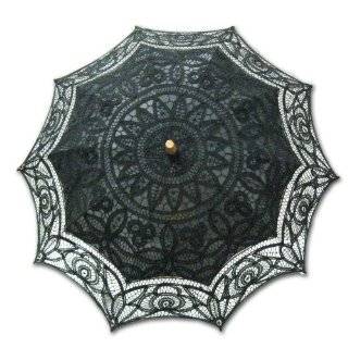   Black Embroidered Battenburg Lace Parasol w/ Lace Fan 