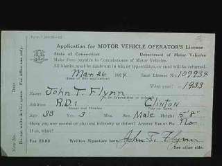John T. Flynn Motor Vehicle License c1933, Connecticut  