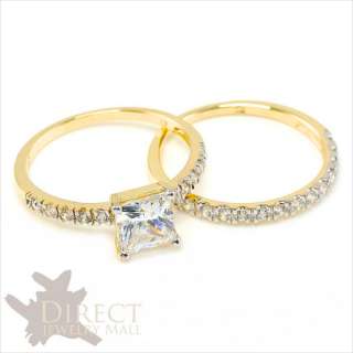   REAL GOLD Princess Cut White DIAMOND lab Wedding Band Rings Bridal Set