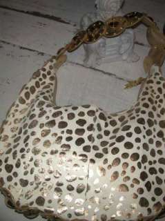   CHARM AND LUCK GOLD SPOTTED LEATHER STUDDED PONY FUR HOBO BAG  