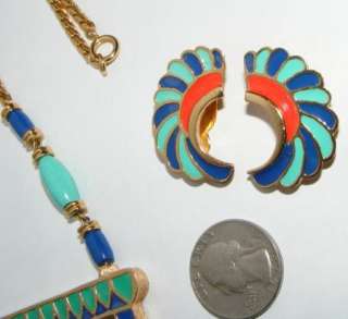 Vintage Hattie Carnegie Egyptian Revival Enamel Necklace Earrings SET 