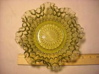 FENTON GREEN GLASS THUMBPRINT DESIGN CANDY DISH COMPOTE RUFFLED 2 1/2 