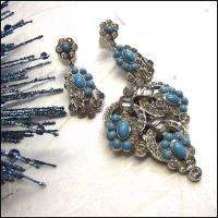 Vintage 1920s Turquoise Glass Dress Clip Earrings Set  