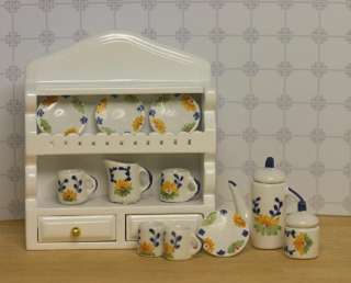 Kitchen wall shelf in White with Country Tea Set Dollhouse Miniature 