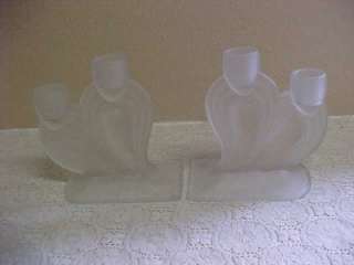 VINTAGE ART DECO FROSTED GLASS HEART DOUBLE CANDLE HOLDERS  