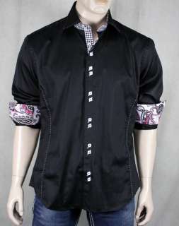   MIO 18 Mens woven Dress Shirt black checkered Pink paisley NEW  