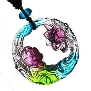   Chinese LiuLi glass lotus flower amulet pendant Necklaces  