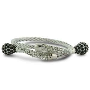   Womens Black and White Rhinestone Stainless Steel Cuff Bracelet
