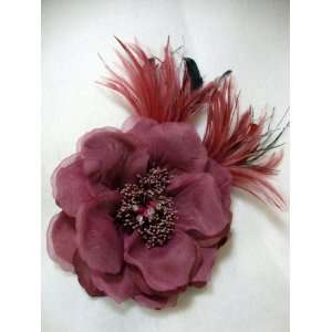    NEW Large Mauve Flower with Feathers Clip and Pin, Limited. Beauty