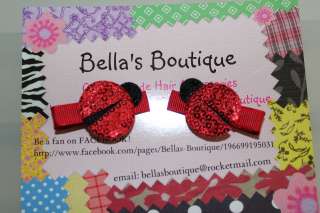 Set 2 Red Lady Bug Sequin Baby Boutique HAIR Bow Clips  