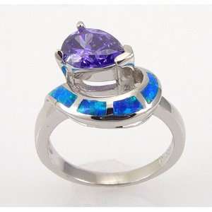 925 Sterling Silver Inlay Synthetic OPAL Pear Shape CZ Tanzanite Ring 