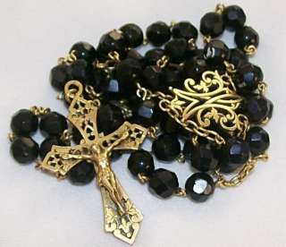 FRENCH GOLD FIX JET MOURNING ROSARY. LEATHER BAG c1900  