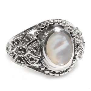   Silver Marcasite Ring with White Mother of Pearl   Size 6 9 Jewelry
