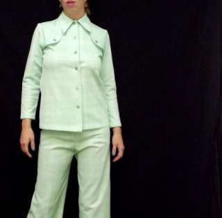 60s 70s Vintage Mint Green Polyester Leisure Suit Shirt Bell Bottom 