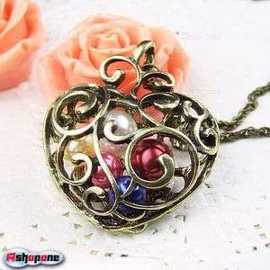 Retro Vintage Bronze Hollow Out Carving Heart Beads Pendant Necklace 