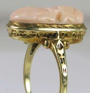   14K Gold Hand Carved Pink Coral Cameo Ring 5.9g   Size 9  