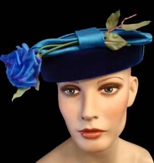 Unique Blue Velvet Vintage Hat Large Blue Rose 1950S  