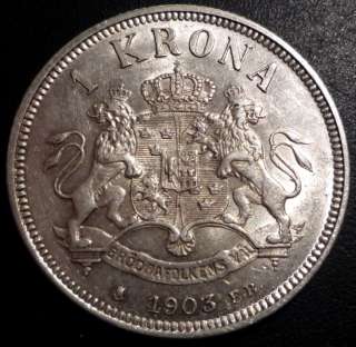   SVERIGE 1 krona 1903 UNC , Rare Cond. Lustrous silver + #1605  