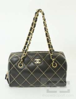 Chanel Black Leather Quilted Gold Chain Handbag W Box  
