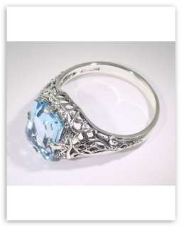Sterling Silver 2 1/2 Carat Blue Topaz Filigree Ring   Size 7  