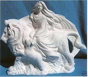ANGEL WITH LAMB RIDING LION CERAMIC BISQUE ANGELS  
