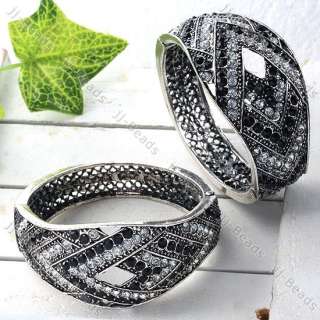 Black White Crystal Rhombus Women Bracelet Fashion Silver Tone Bangle 
