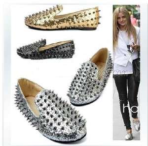 Womens Ladies Glitter Spike Studded Rivets Cover Punk Flats Gothic 