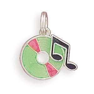  12.5mm Pink/Green Enamel Music Disc Charm .925 Sterling 