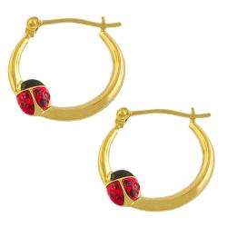 10k Yellow Gold Enamel Ladybug Hoop Earrings  