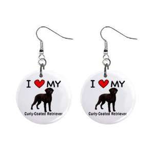  I Love My Curly Coated Retriever Button Earrings 