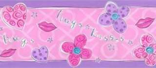 HUGS KISSES Pink FLOWERS Girls Room Decor WALL BORDER  