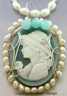 R842 Lady Agate Cameo Pendant Sterling Silver Pearl  