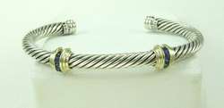David Yurman 14K Gold Sterling Silver Saphire Cable Cuff Bracelet, No 